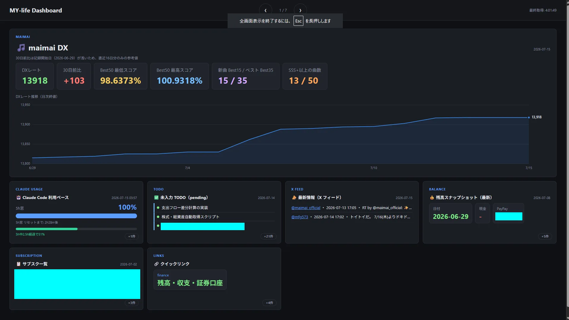 MY-life Dashboard v1 の全体スクリーンショット